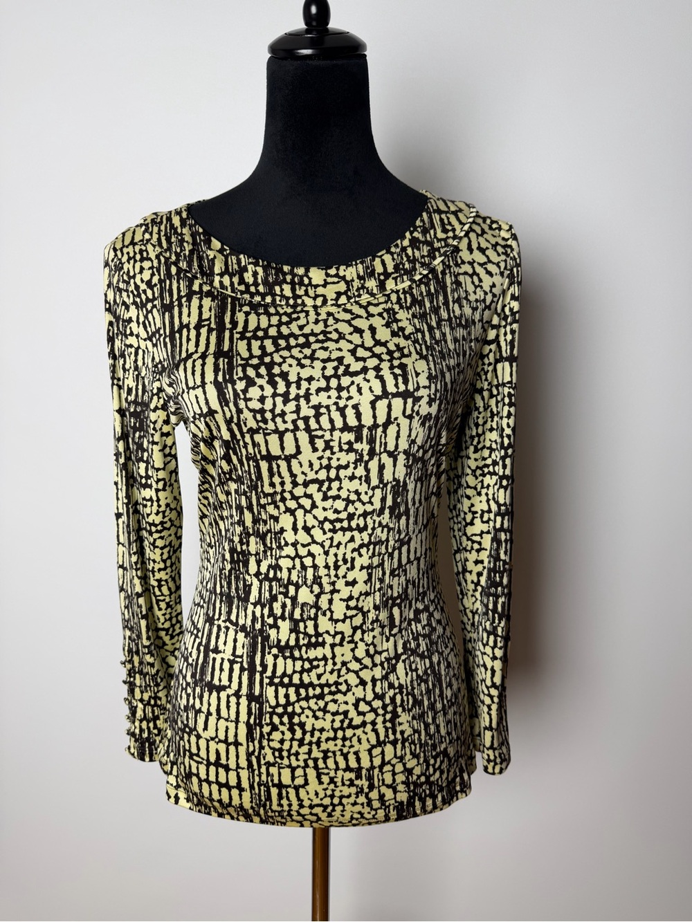 Carlisle Yellow and Black Long Sleeve Scoop Neck Top 100% Silk Size M